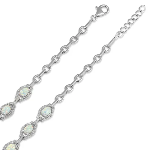 Sterling Silver Elegant Adjustable White Lab Opal Oval and CZ Bracelet