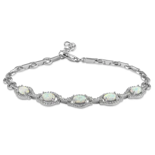 Sterling Silver Elegant Adjustable White Lab Opal Oval and CZ Bracelet