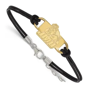 Sterling Silver Gold-plated James Madison University Small Center Black Leather 7 inch Bracelet with Extender