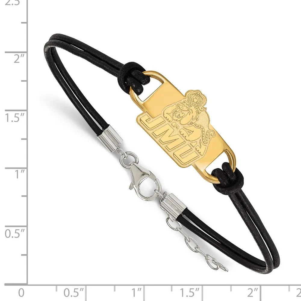 Sterling Silver Gold-plated James Madison University Small Center Black Leather 7 inch Bracelet with Extender