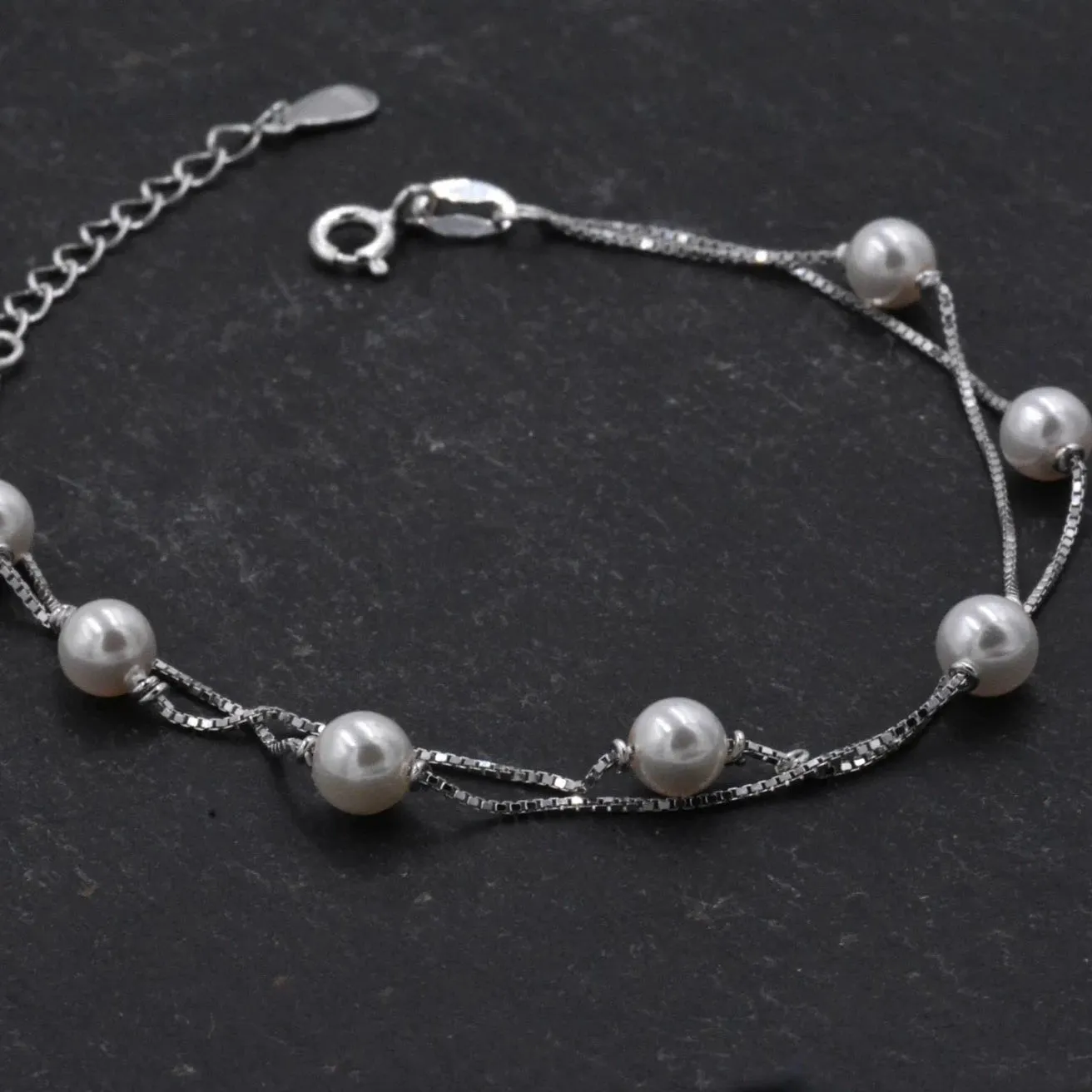 Sterling Silver Pearl Minimalist Charm Layer Bracelet