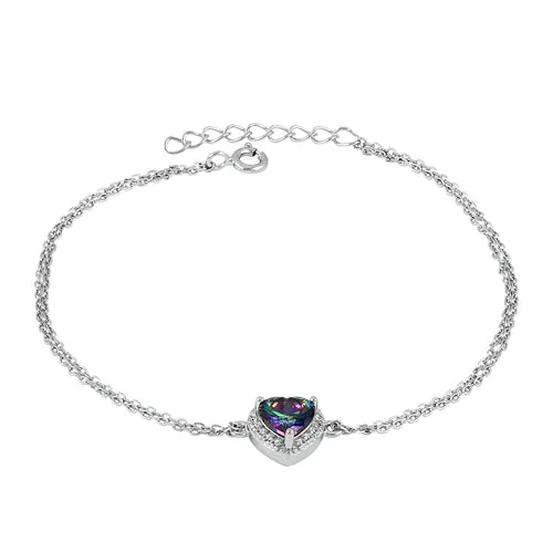Sterling Silver Rainbow and Clear CZ Heart Halo Bracelet