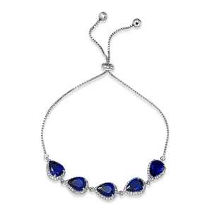 Sterling Silver Rhodium Plated Blue and Clear CZ Bolo Bracelet