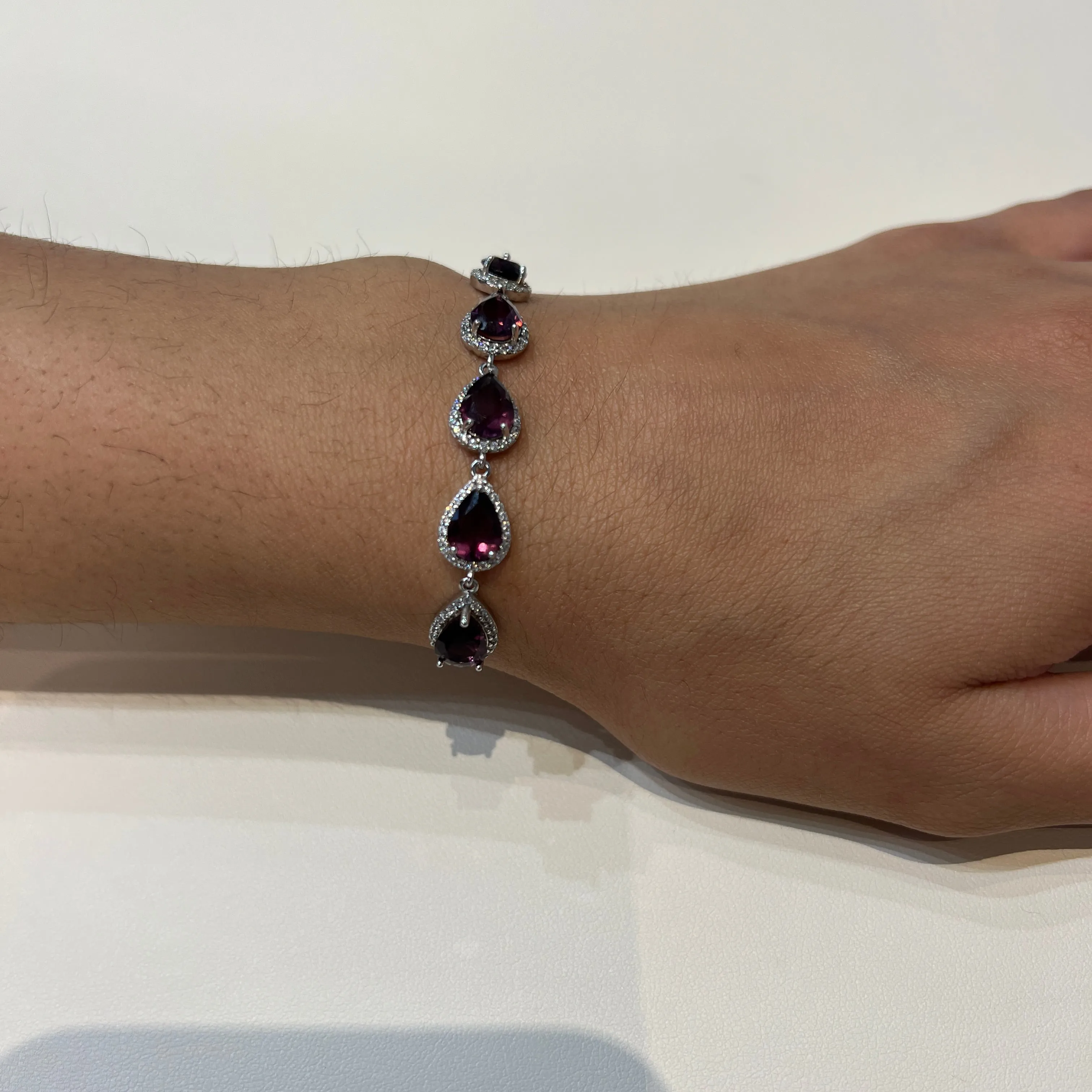 Sterling Silver Rhodium Plated Blue and Clear CZ Bolo Bracelet
