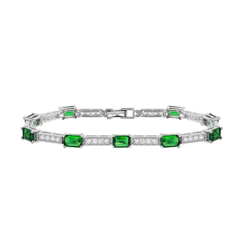 Sterling Silver Rhodium Plated Clear and Green CZ Tennis Bracelet