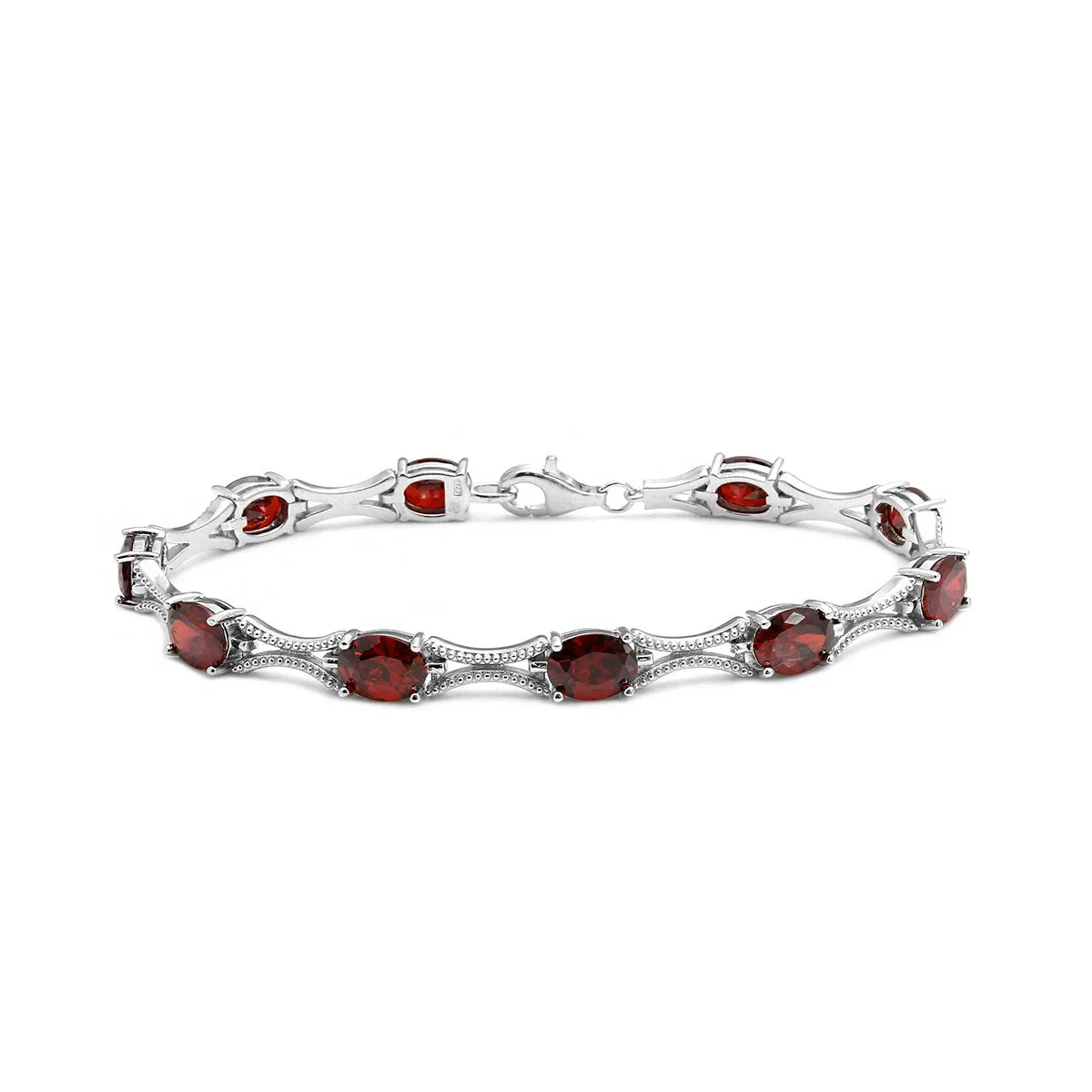 Sterling Silver Rhodium Plated Red Oval CZ Tennis Bracelet