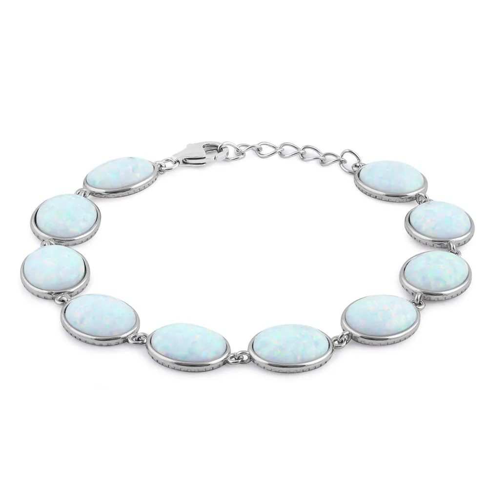 Sterling Silver White Lab Opal 12.0mm x 10.0mm Oval Beads Bracelet