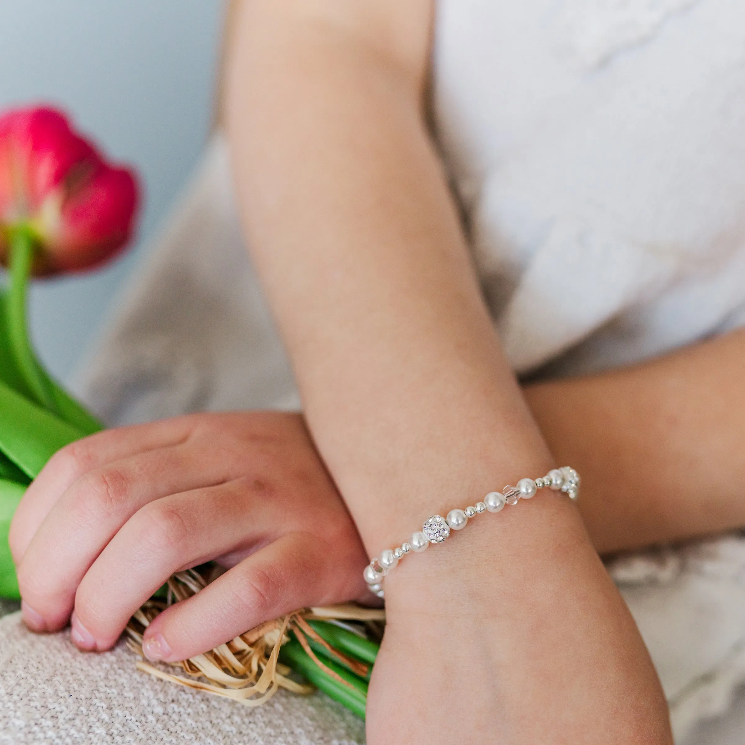 Sterling Silver White Simulated Pearl and Stardust Bracelet for Little Girls