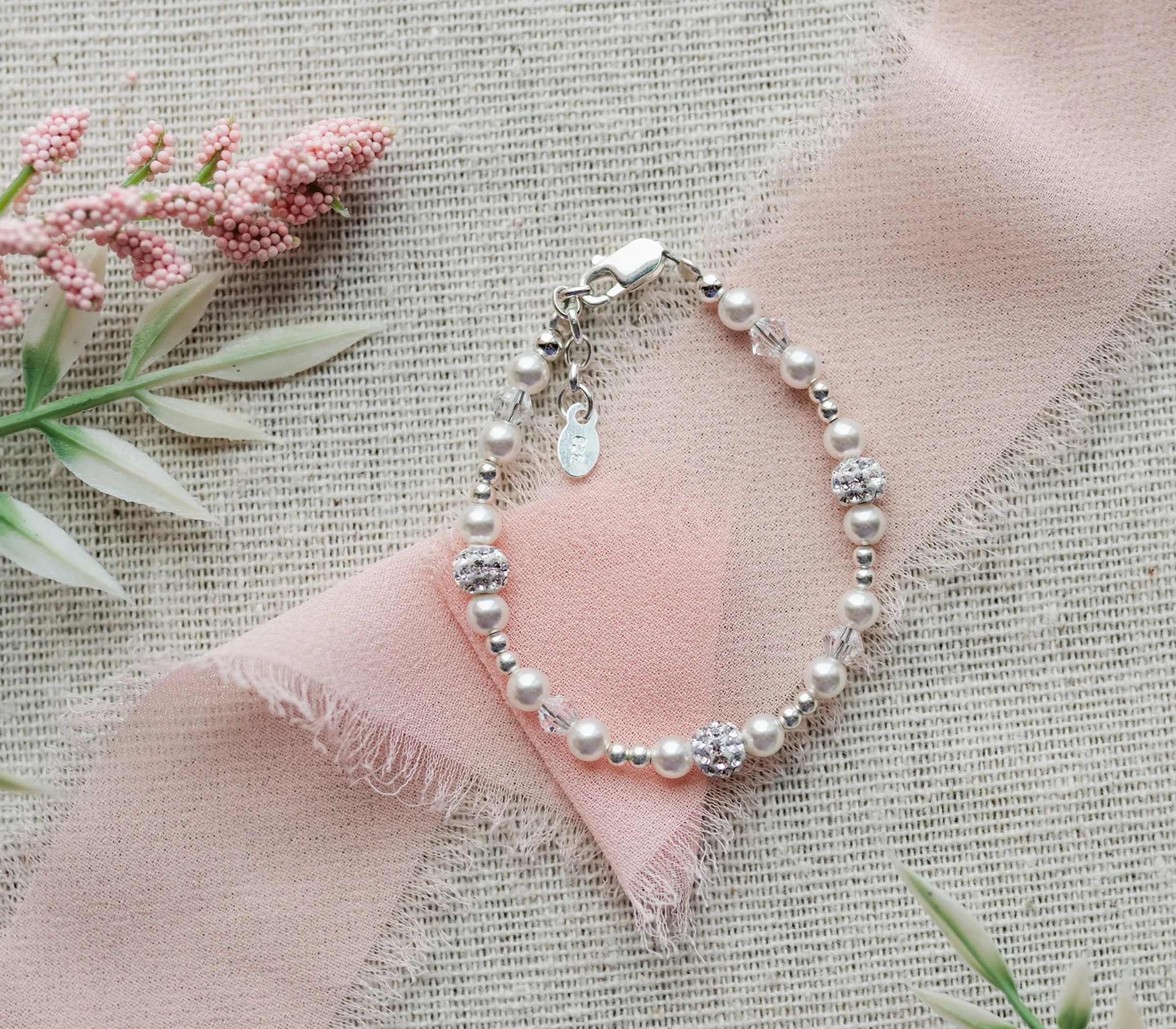 Sterling Silver White Simulated Pearl and Stardust Bracelet for Little Girls