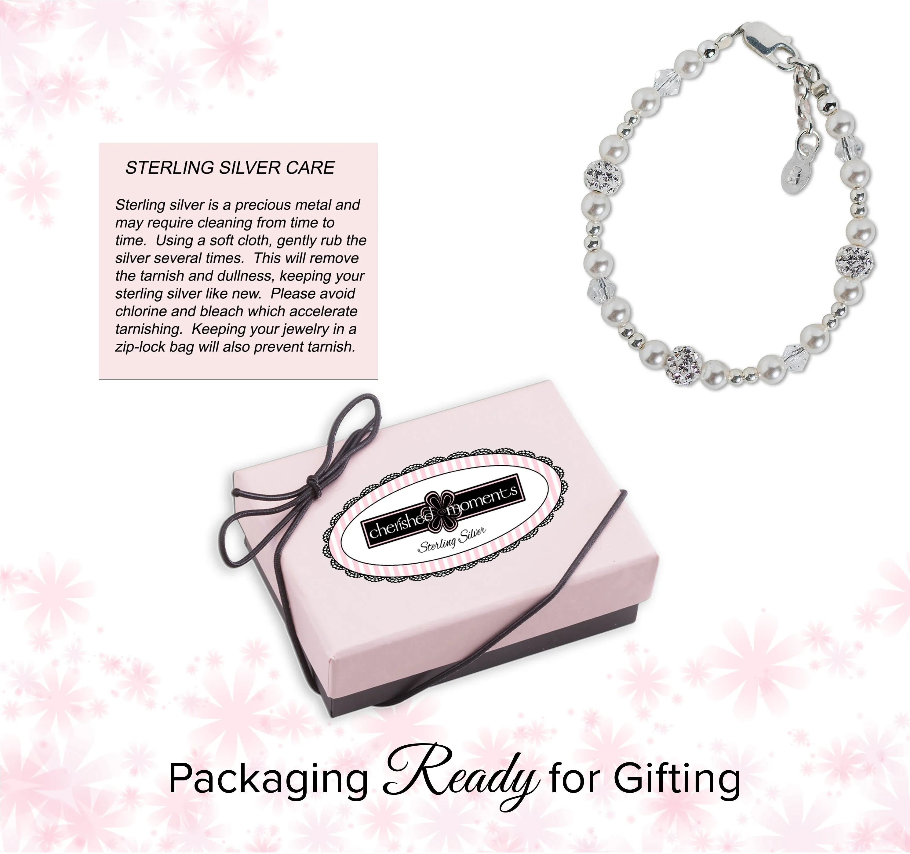 Sterling Silver White Simulated Pearl and Stardust Bracelet for Little Girls