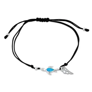 Sterling Silver Winged Blue Lab Opal Flatback Sea Turtle  Adjustable Silk Bracelet