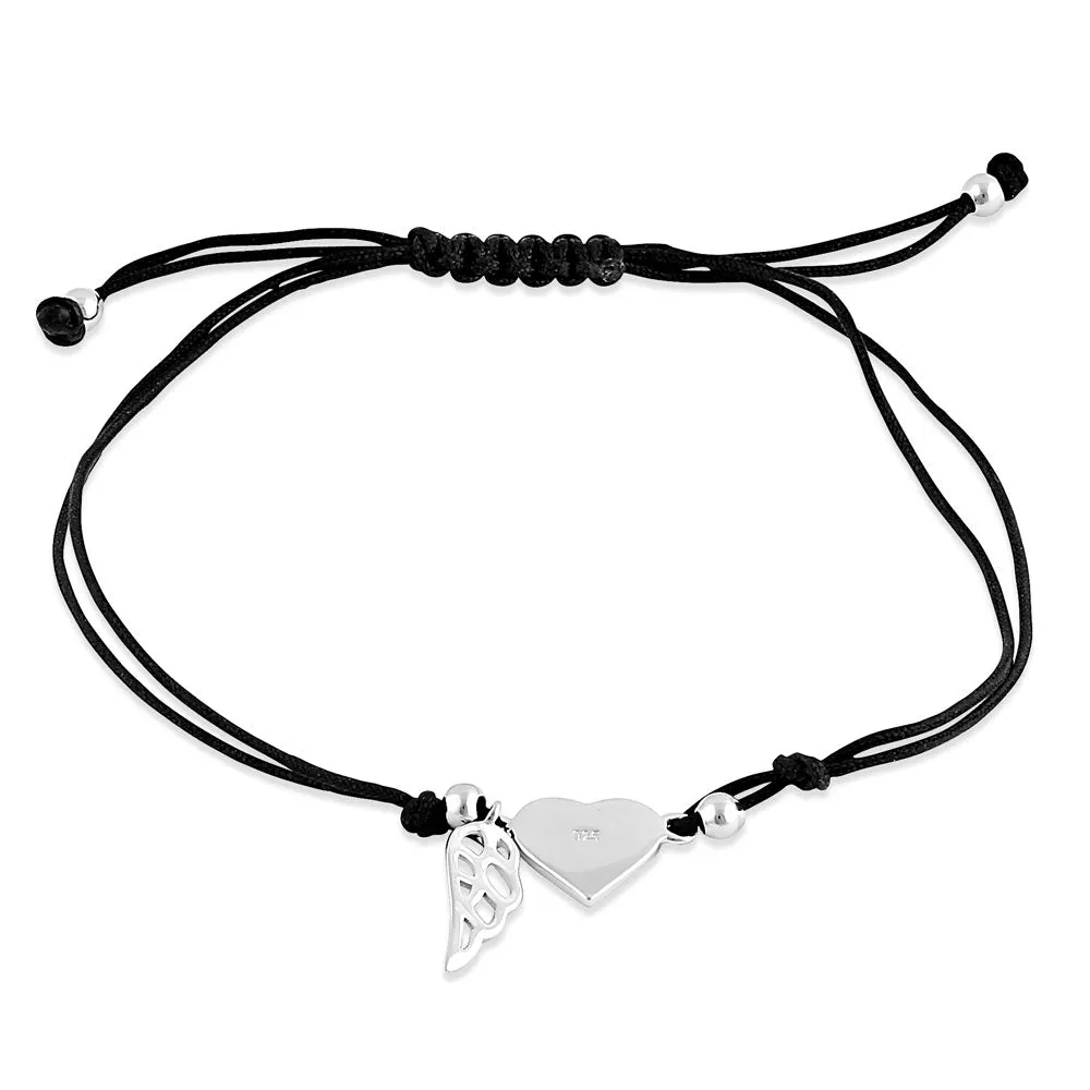 Sterling Silver Winged Pink Lab Opal Heart Adjustable Silk Bracelet