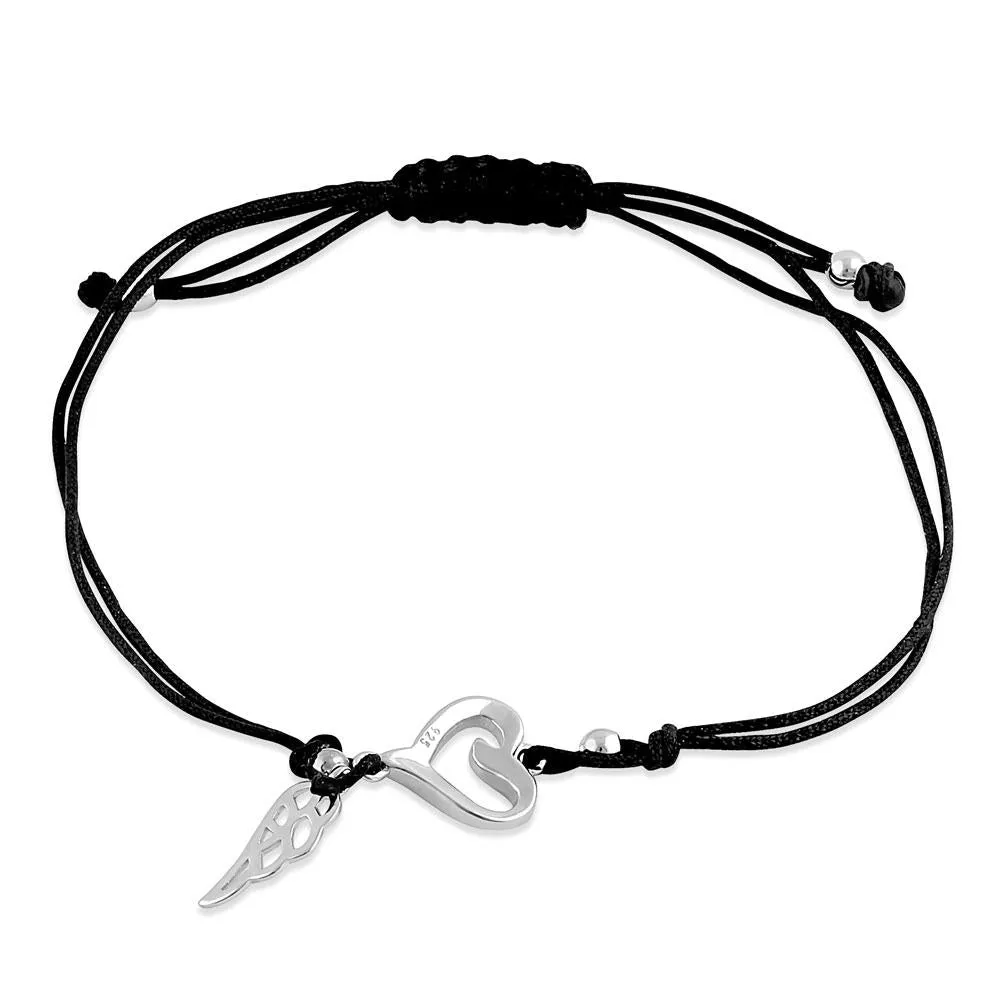 Sterling Silver Winged Pink Lab Opal Open Heart Adjustable Silk Bracelet
