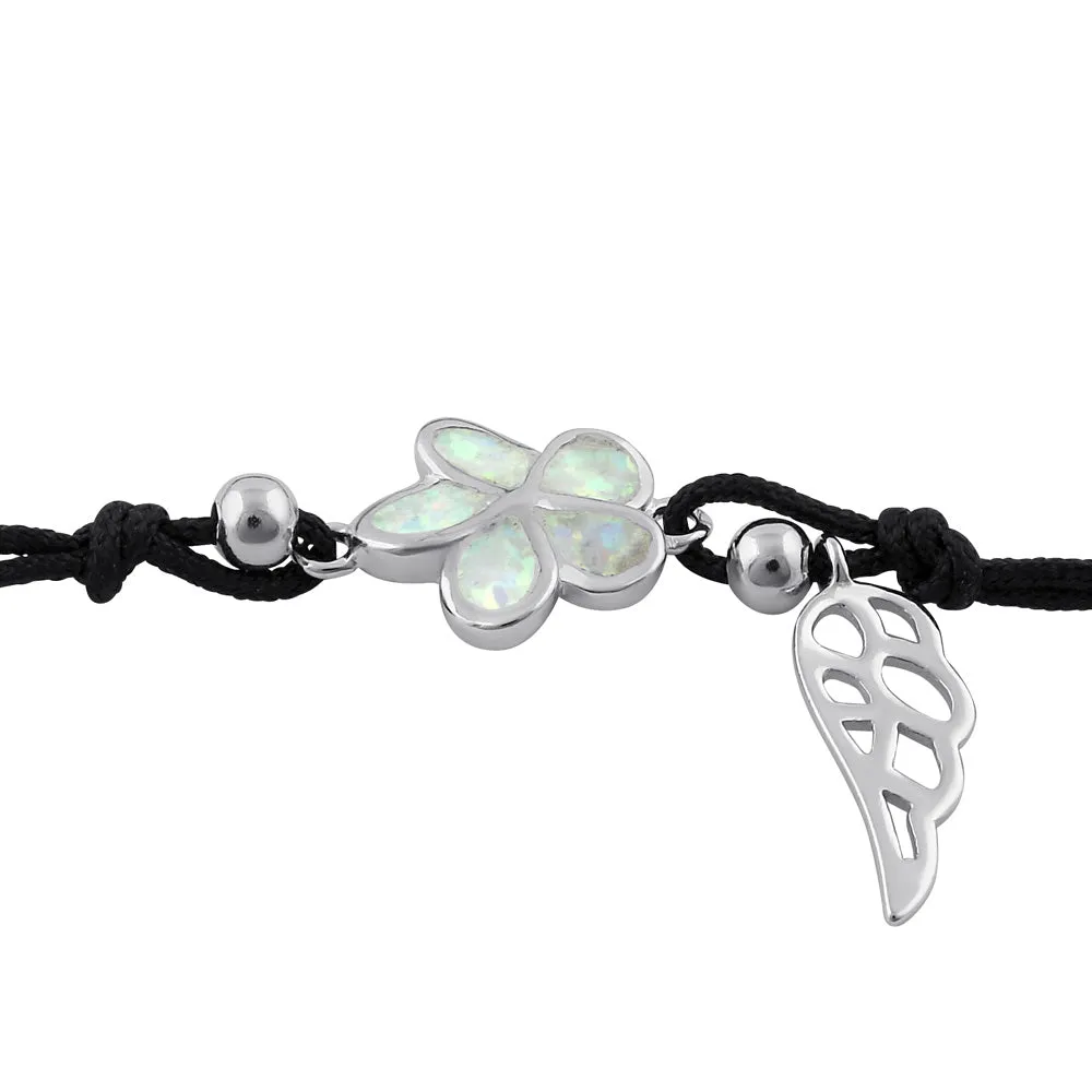 Sterling Silver Winged White Lab Opal Plumeria Adjustable Silk Bracelet