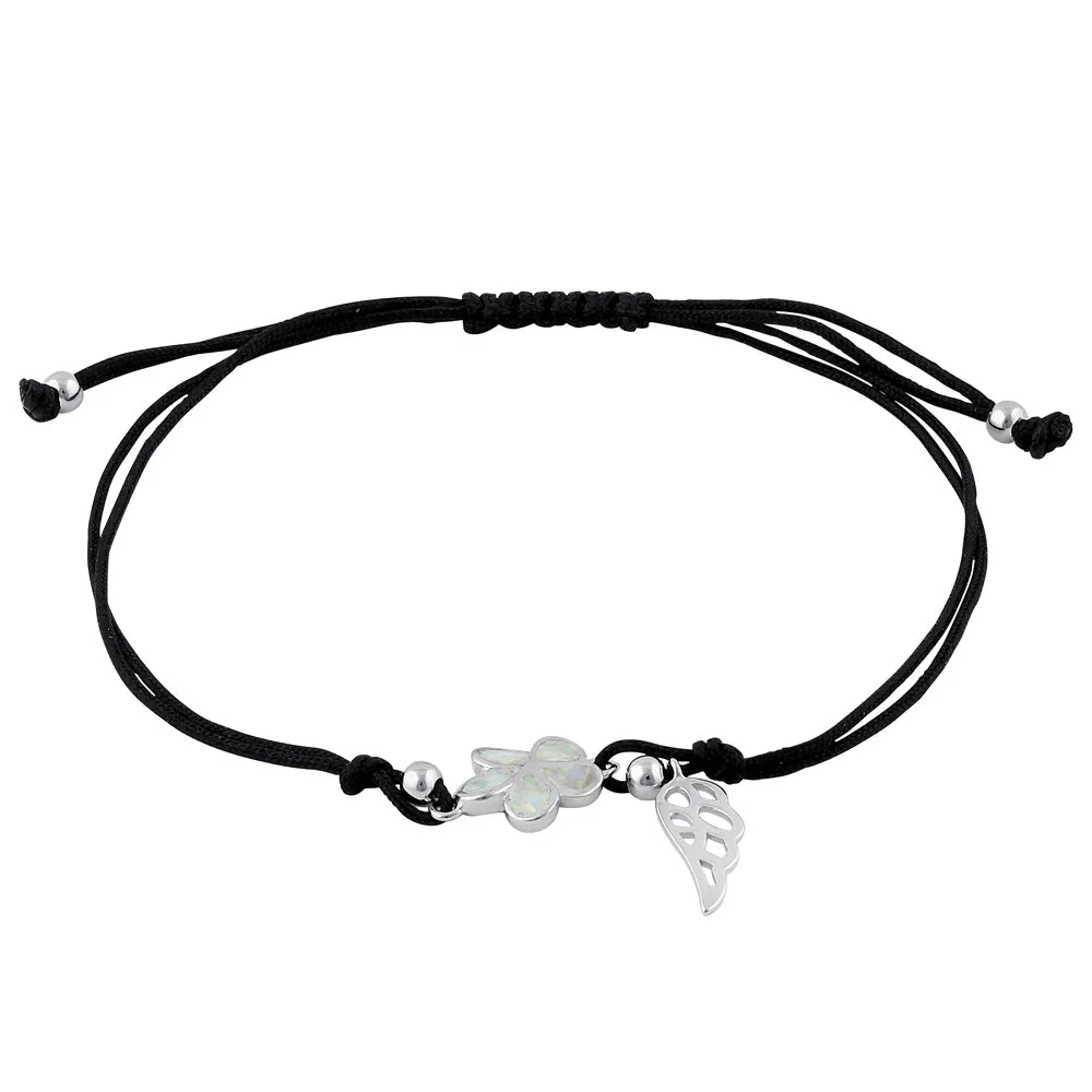 Sterling Silver Winged White Lab Opal Plumeria Adjustable Silk Bracelet