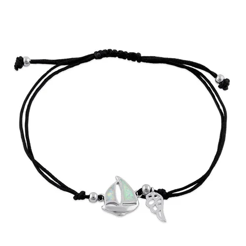Sterling Silver Winged White Lab Opal Sail Boat Adjustable Silk Bracelet