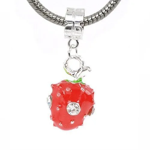 Strawberry with Clear  Crystals Dangle European Bead Compatible for Most European Snake Chain Bracelet