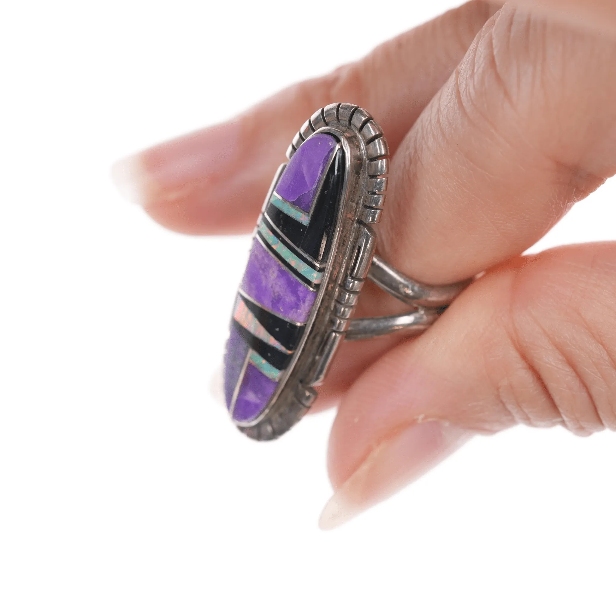sz9.75 Sterling Sugilite, Opal, and Black Jade Navajo channel inlay ring