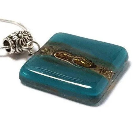 Teal and Brown Square recycled fused glass necklace. Awesome pendant.