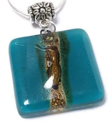 Teal and Brown Square recycled fused glass necklace. Awesome pendant.