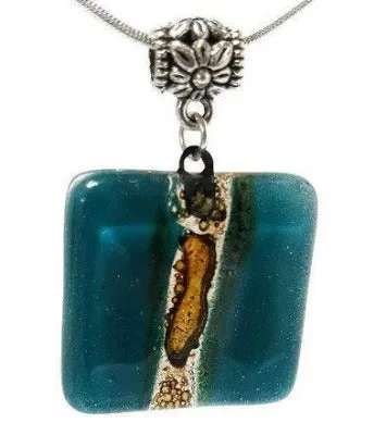 Teal and Brown Square recycled fused glass necklace. Awesome pendant.