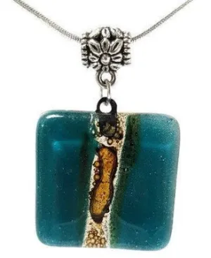 Teal and Brown Square recycled fused glass necklace. Awesome pendant.