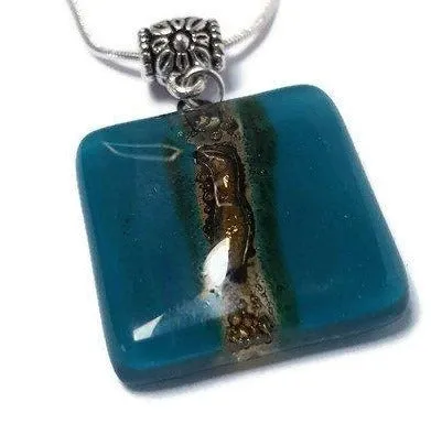 Teal and Brown Square recycled fused glass necklace. Awesome pendant.