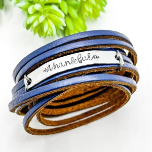 THANKFUL Leather Double Wrap | Silver Bar Bracelet | Adjustable
