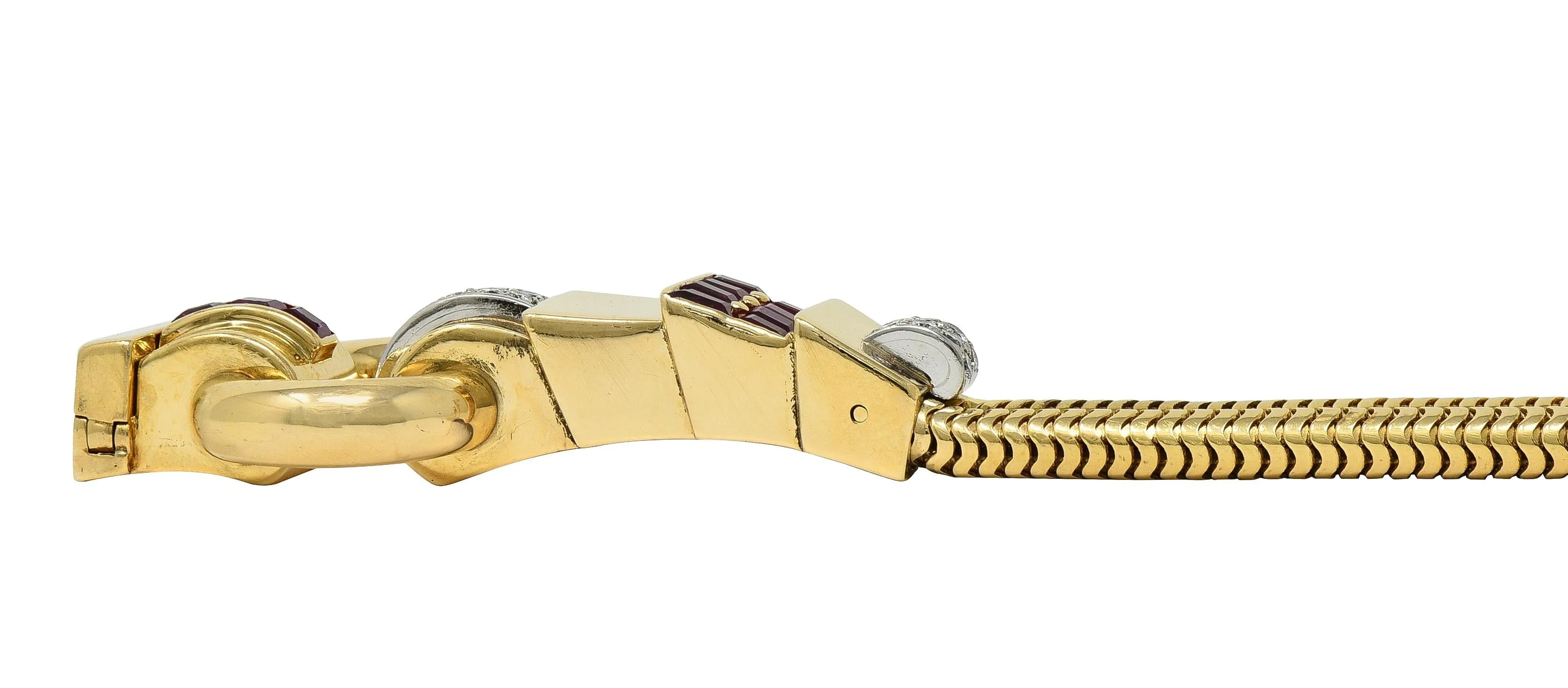 Tiffany & Co. Retro Diamond Ruby Platinum 14 Karat Yellow Gold Vintage Snake Chain Buckle Bracelet