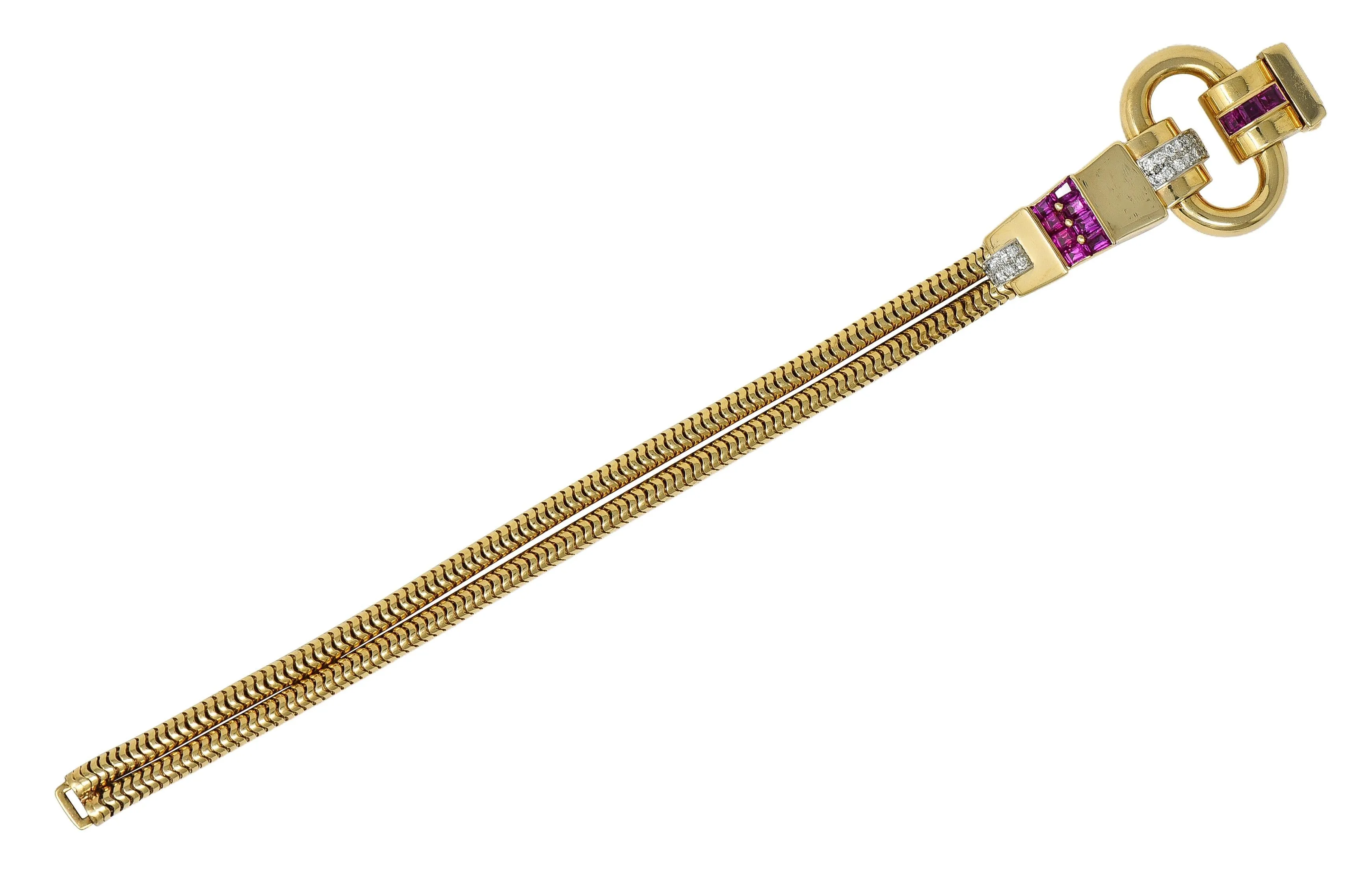 Tiffany & Co. Retro Diamond Ruby Platinum 14 Karat Yellow Gold Vintage Snake Chain Buckle Bracelet
