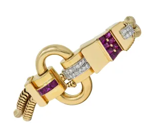 Tiffany & Co. Retro Diamond Ruby Platinum 14 Karat Yellow Gold Vintage Snake Chain Buckle Bracelet