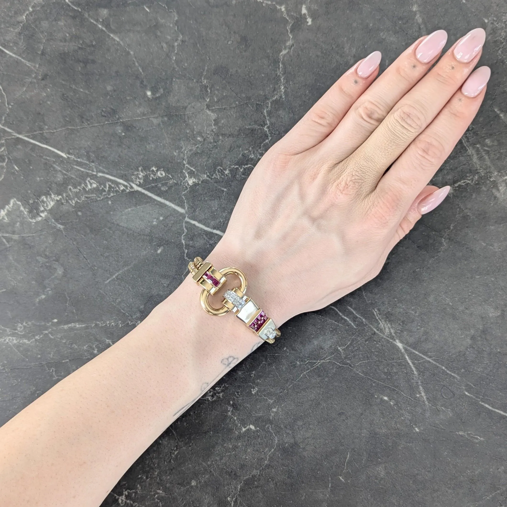 Tiffany & Co. Retro Diamond Ruby Platinum 14 Karat Yellow Gold Vintage Snake Chain Buckle Bracelet