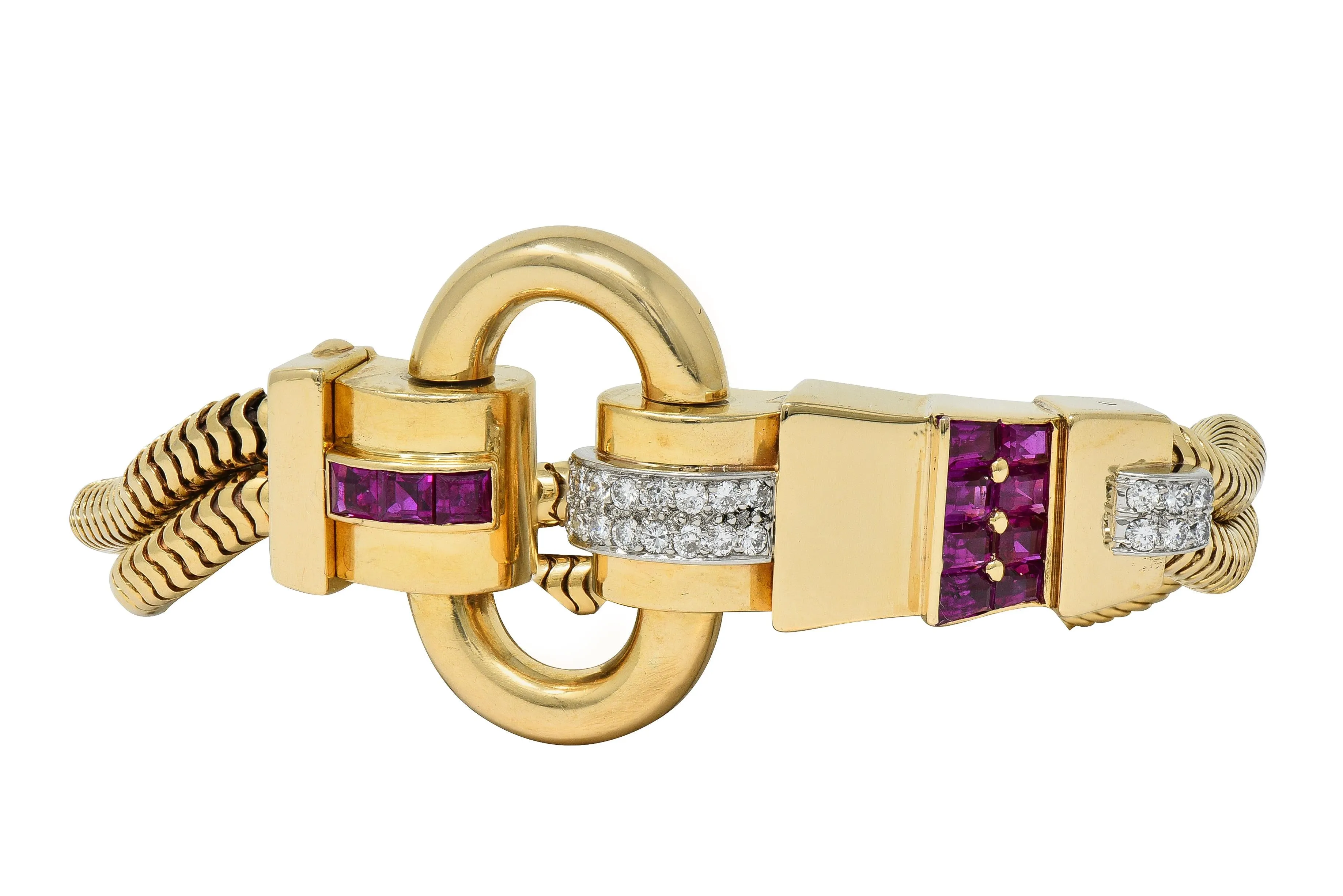 Tiffany & Co. Retro Diamond Ruby Platinum 14 Karat Yellow Gold Vintage Snake Chain Buckle Bracelet