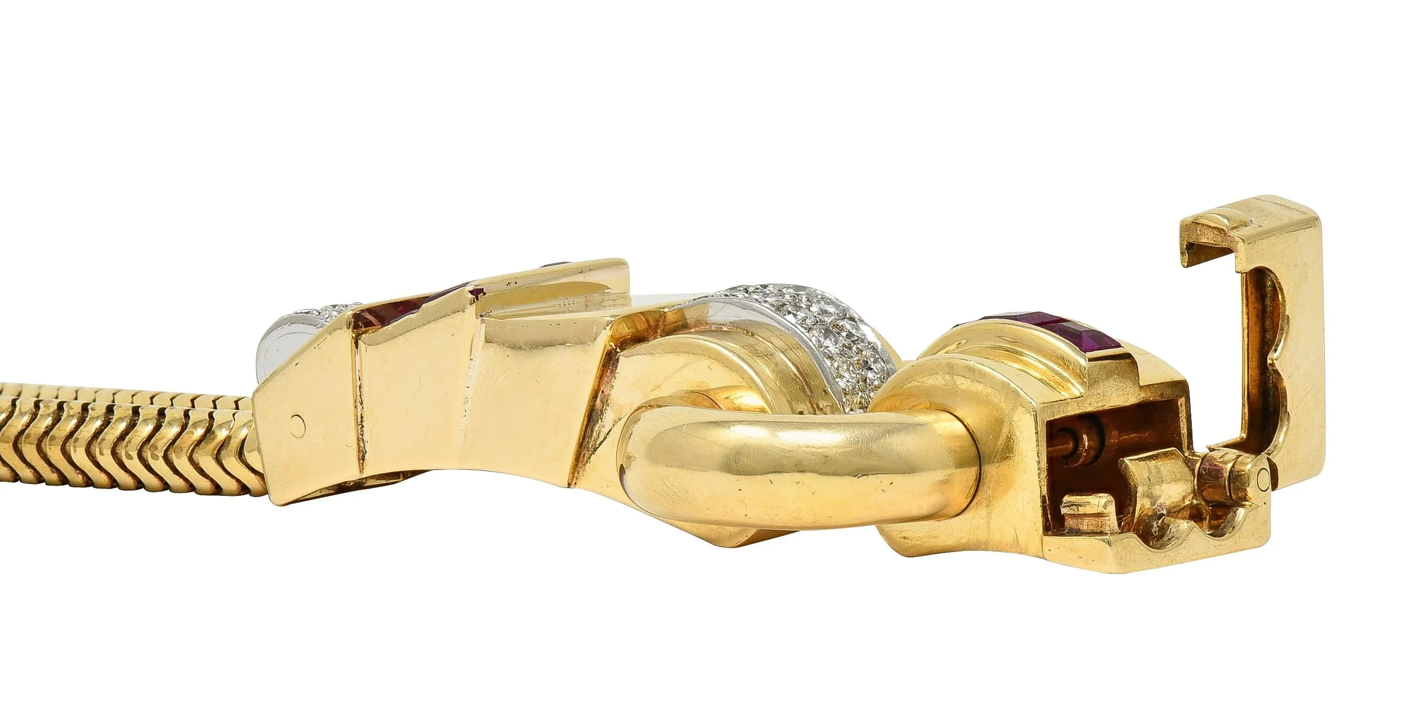 Tiffany & Co. Retro Diamond Ruby Platinum 14 Karat Yellow Gold Vintage Snake Chain Buckle Bracelet