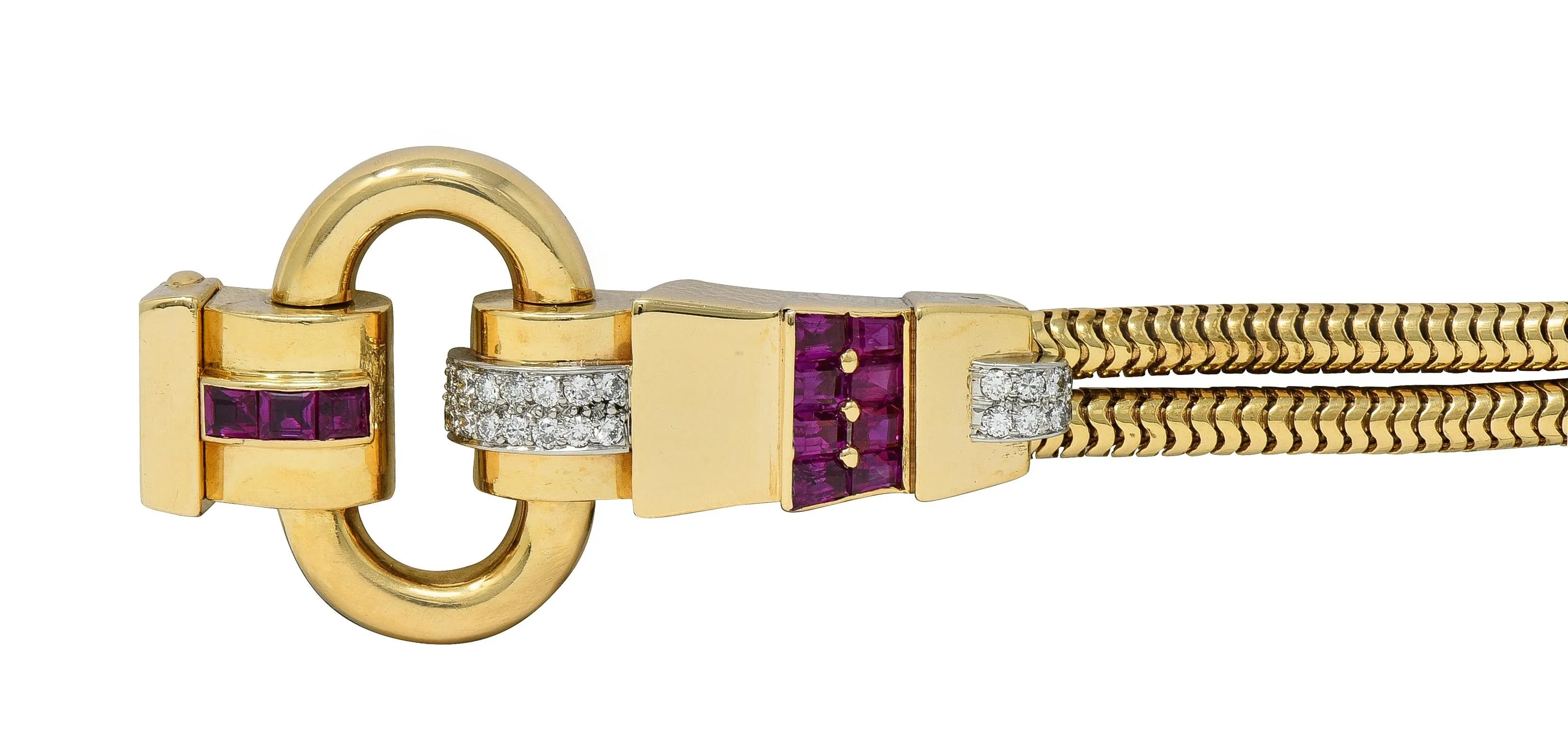 Tiffany & Co. Retro Diamond Ruby Platinum 14 Karat Yellow Gold Vintage Snake Chain Buckle Bracelet