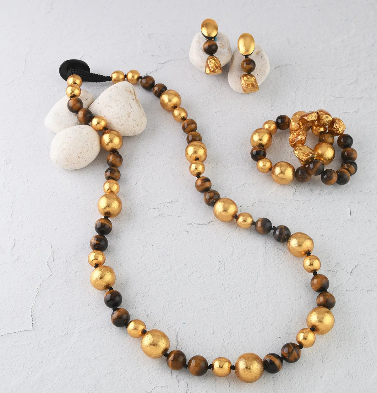 TIGER EYE AND GOLD FOIL ACCENT STRETCH BRACELET SET. SET OF TWO