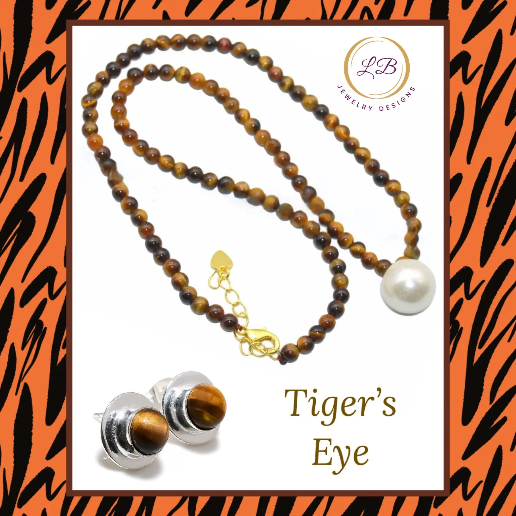 Tiger’s Eye Gemstone Pearl Pendant Necklace & Earrings Set
