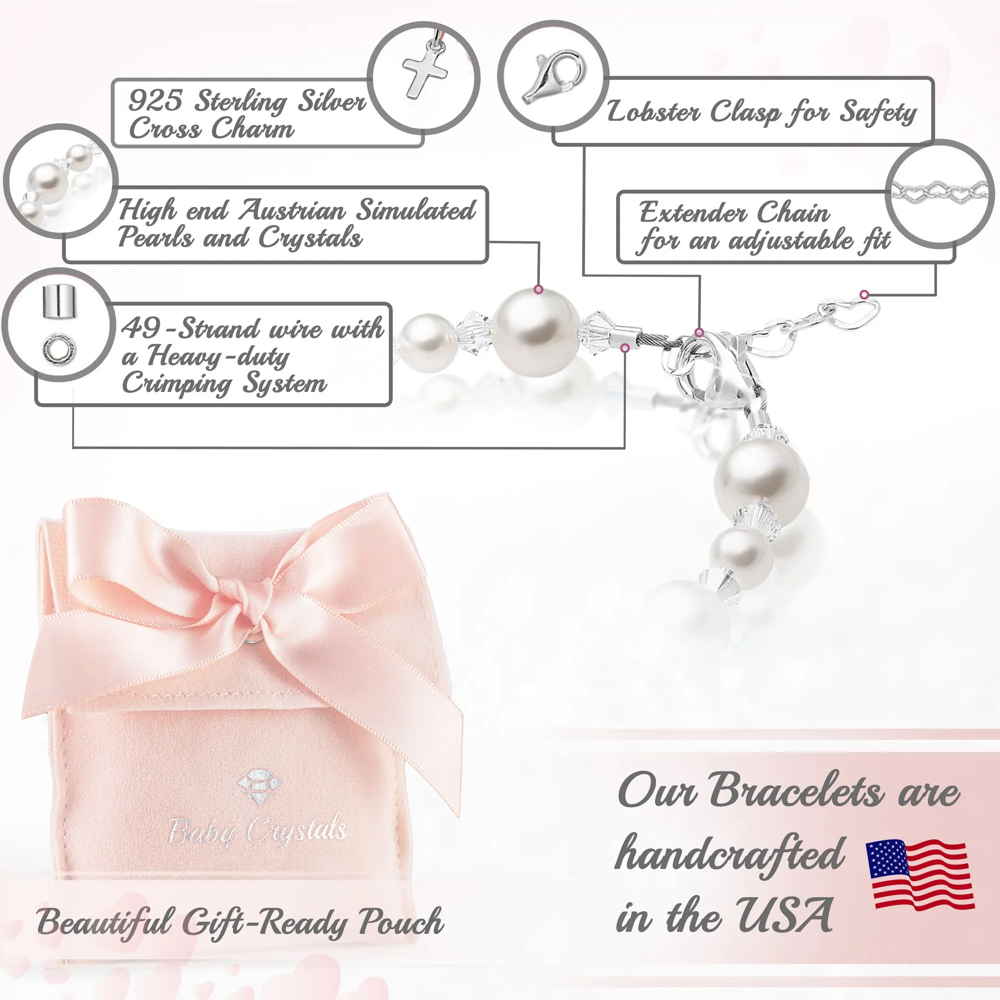 Toddler Baby Sterling Silver Cross Baptism & Christening White Pearl Bracelet