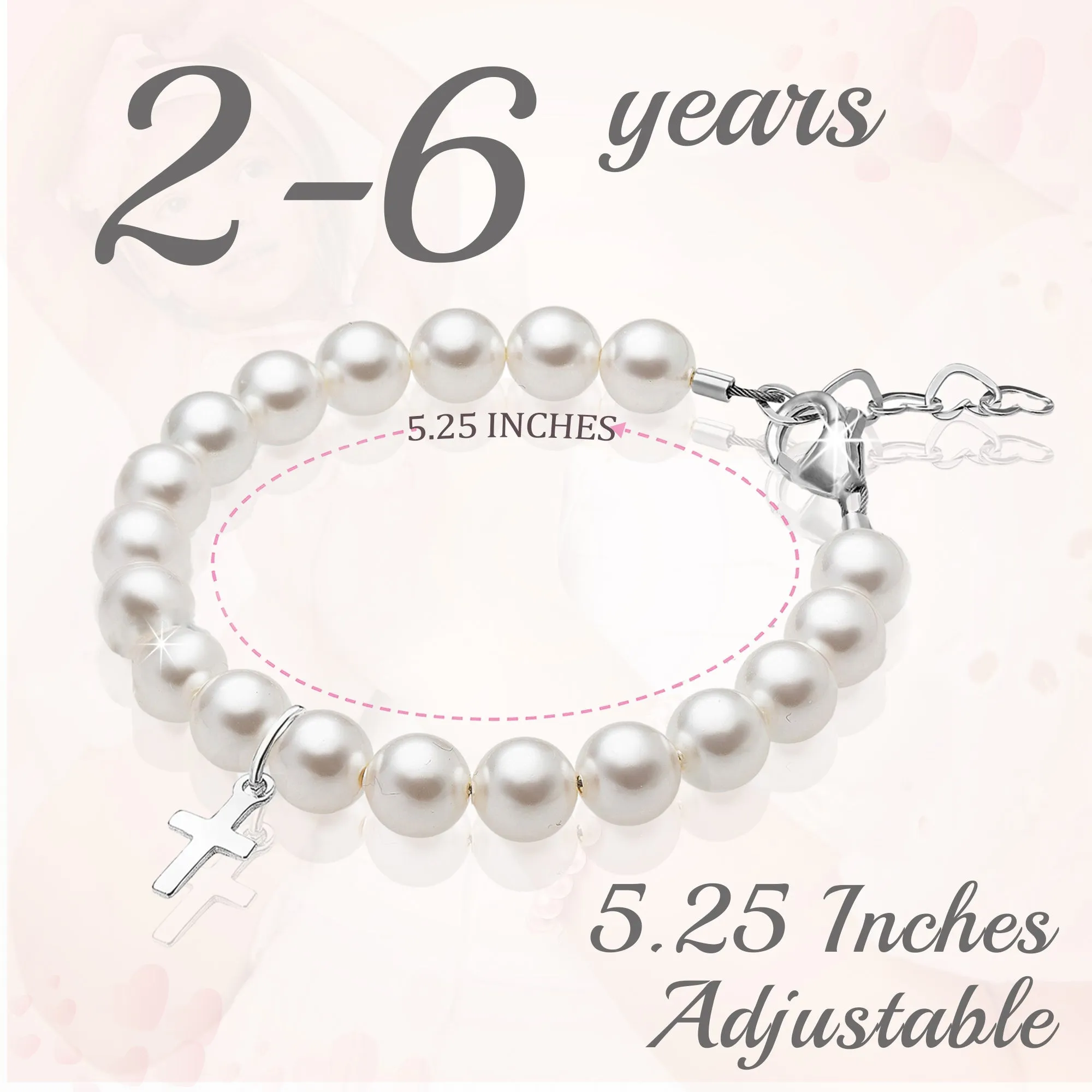 Toddler Baby Sterling Silver Cross Baptism & Christening White Pearl Bracelet