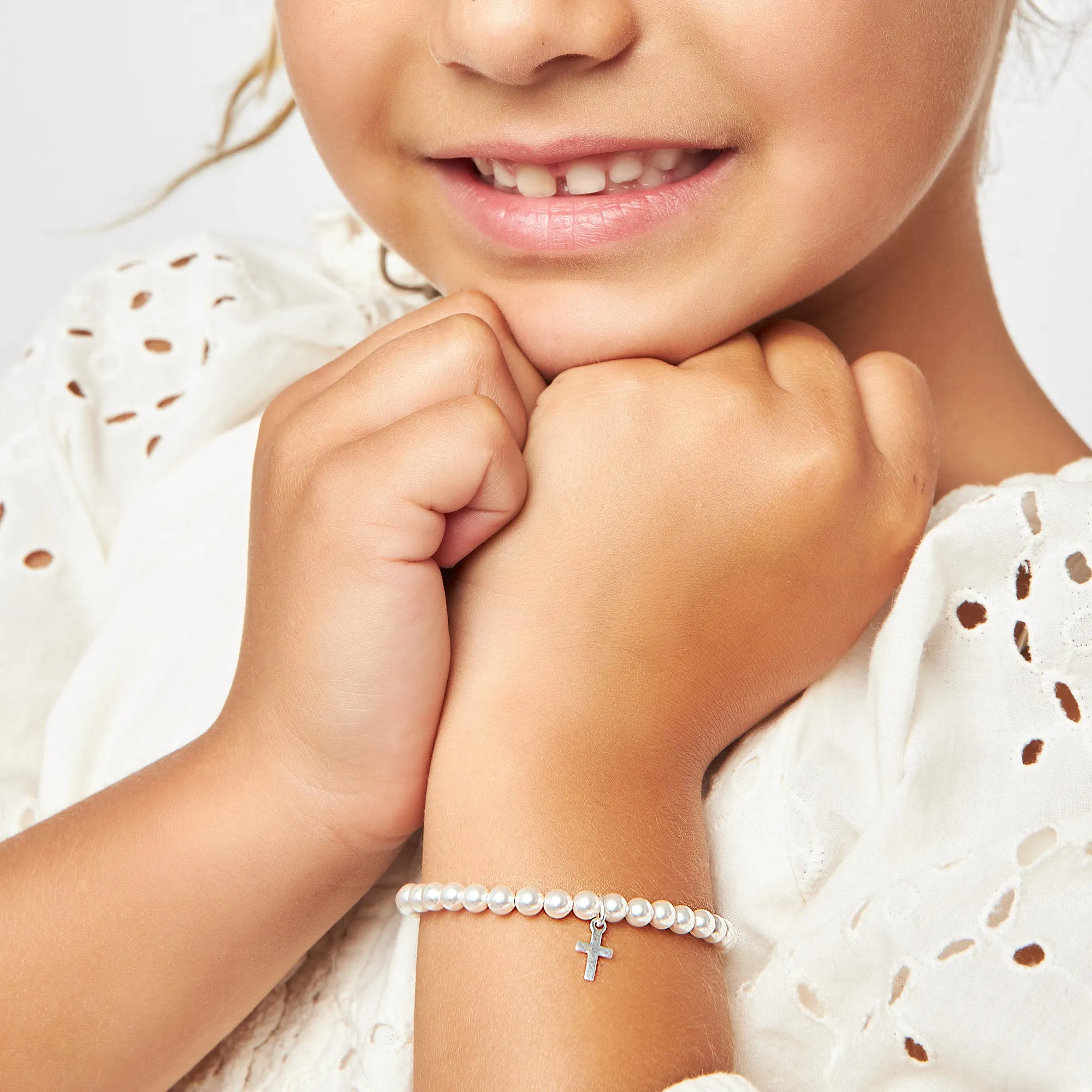Toddler Baby Sterling Silver Cross Baptism & Christening White Pearl Bracelet
