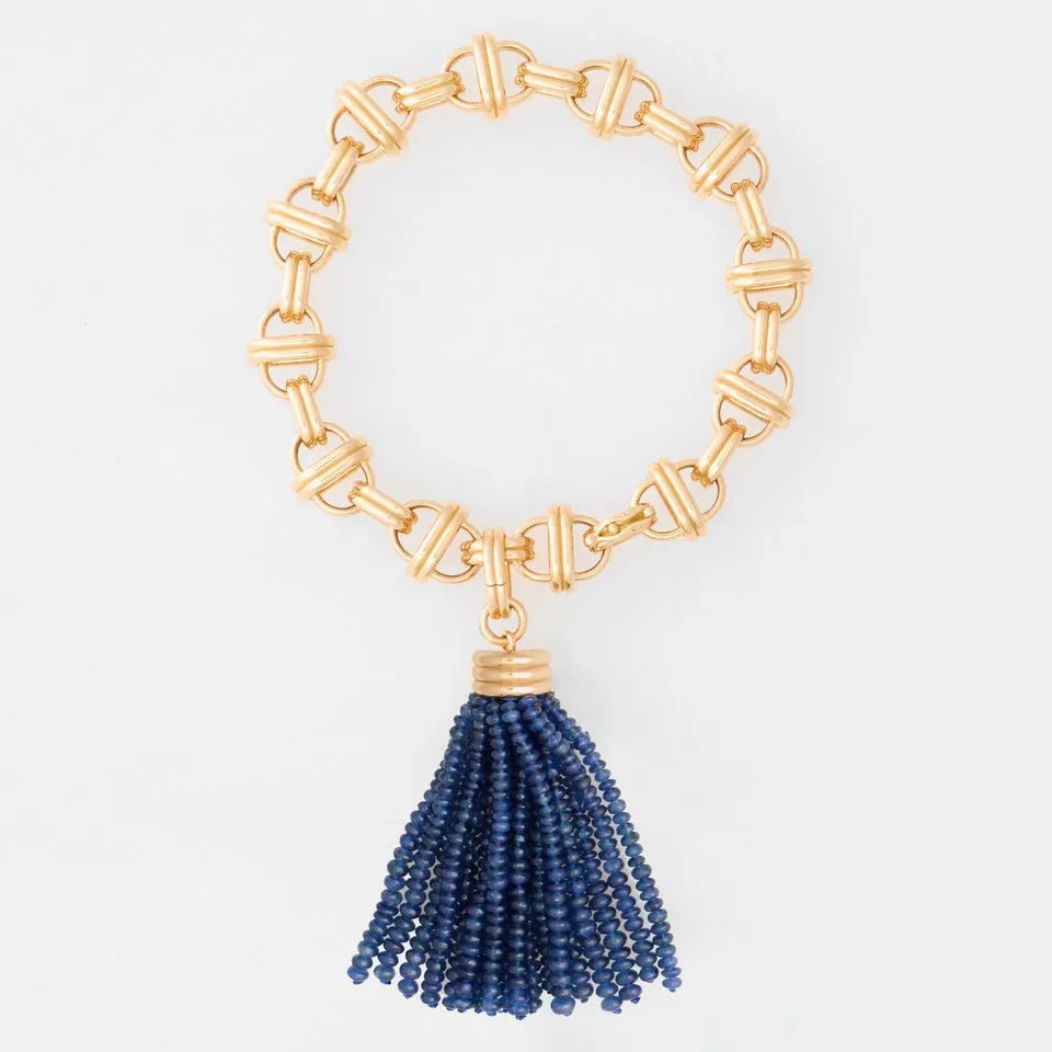 Triple Tassel Blue Sapphire Rondelles Pendant with Oval Link Bracelet 7.75" Large, 18K Yellow Gold