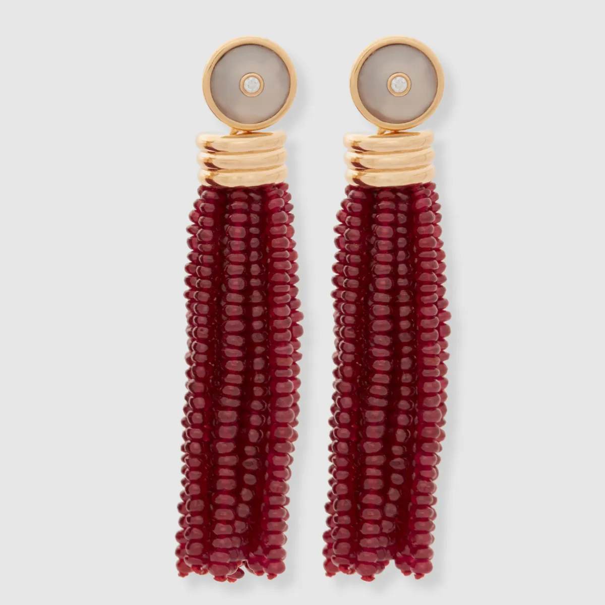 Triple Tassel Ruby Rondelles Earrings with Blue Chalcedony Diamond Studs, 18K Yellow Gold