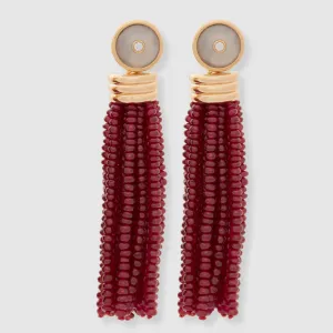 Triple Tassel Ruby Rondelles Earrings with Blue Chalcedony Diamond Studs, 18K Yellow Gold