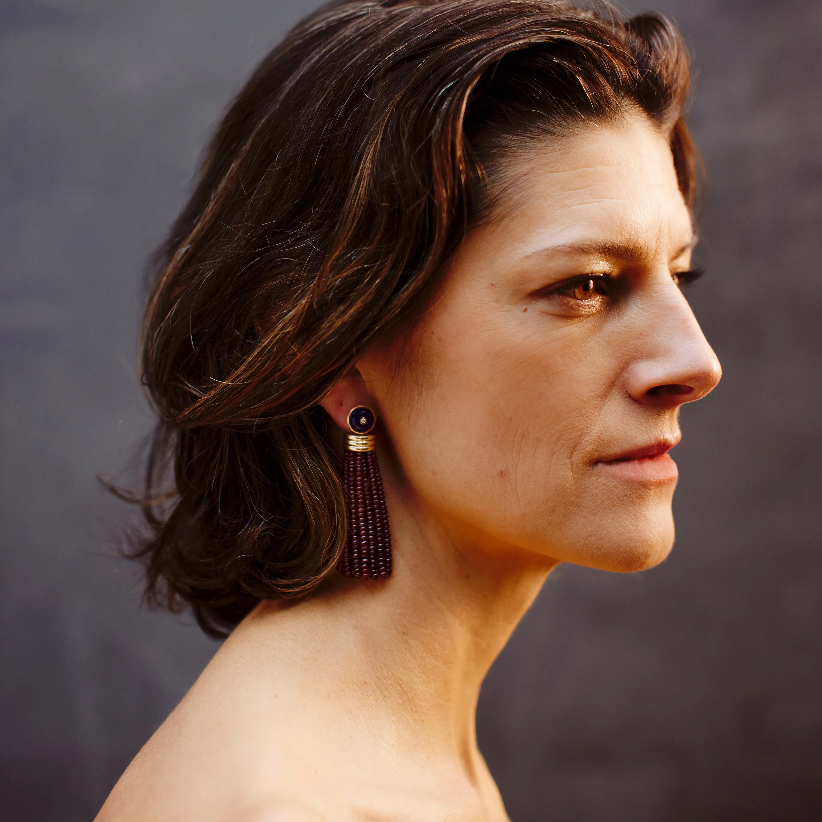 Triple Tassel Ruby Rondelles Earrings with Lapis Lazuli Diamond Studs, 18K Yellow Gold