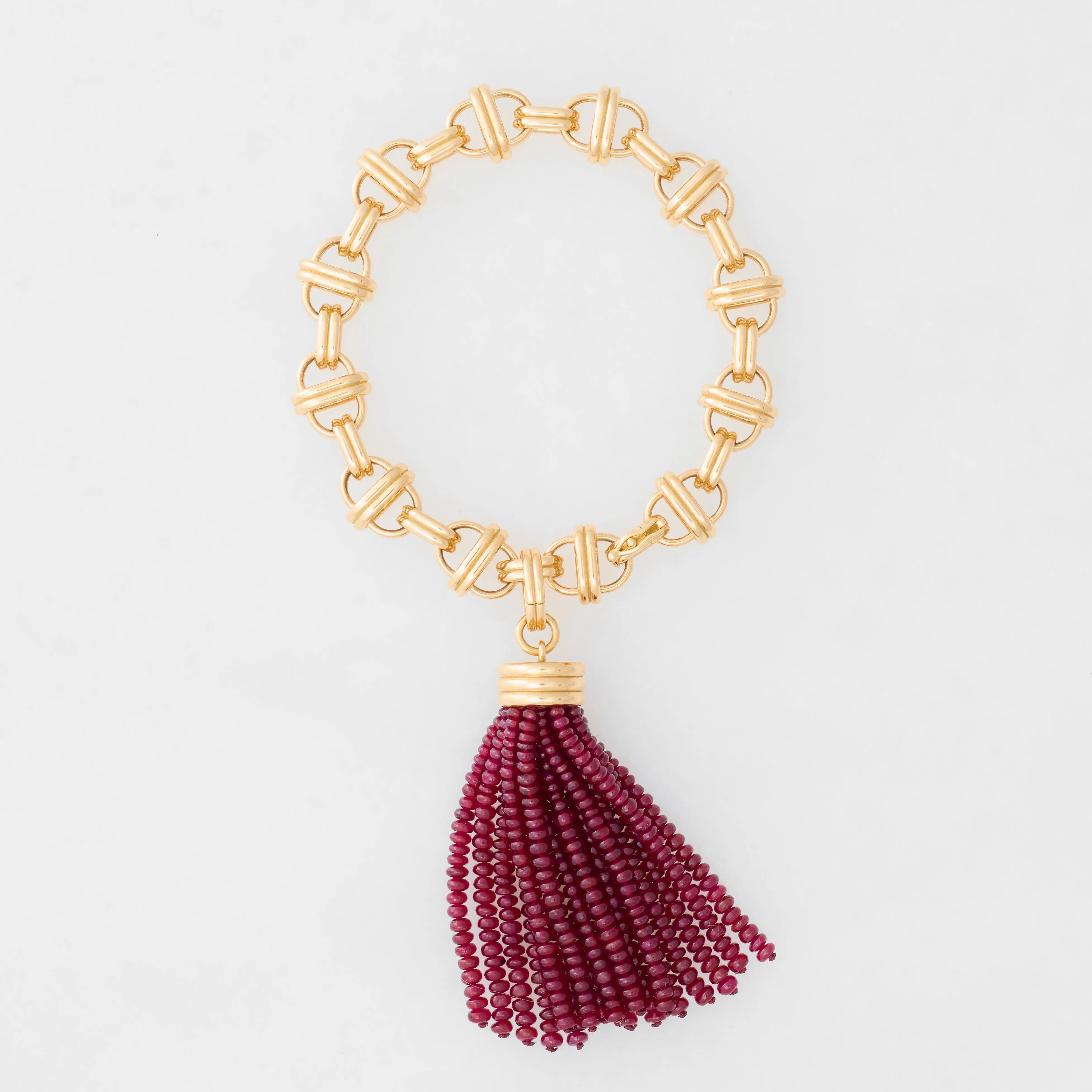Triple Tassel Ruby Rondelles Pendant with Oval Link Bracelet 7.75" Large, 18K Yellow Gold