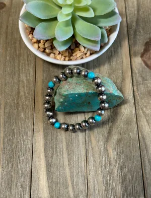 Turquoise and "Navajo Style" Pearl Stretch Bracelet
