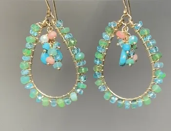Turquoise, Apatite, Green Ethiopian Opal Hoop Earrings Gold Fill