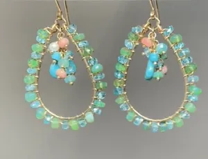 Turquoise, Apatite, Green Ethiopian Opal Hoop Earrings Gold Fill