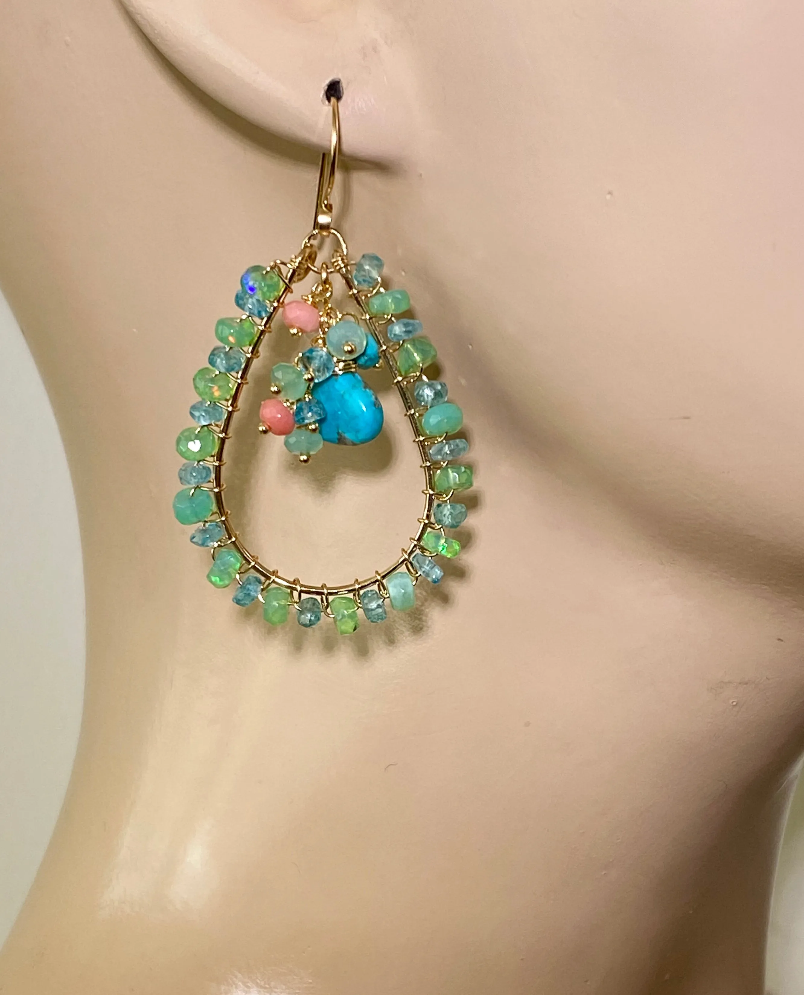 Turquoise, Apatite, Green Ethiopian Opal Hoop Earrings Gold Fill