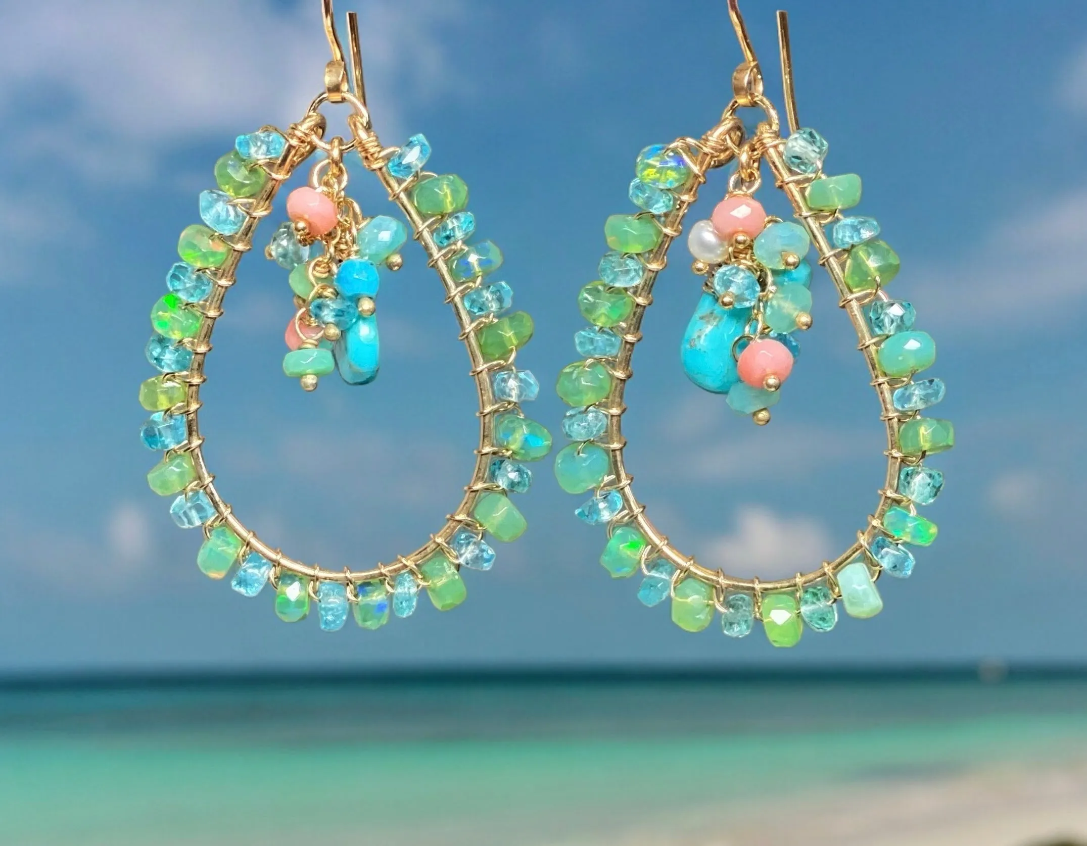 Turquoise, Apatite, Green Ethiopian Opal Hoop Earrings Gold Fill